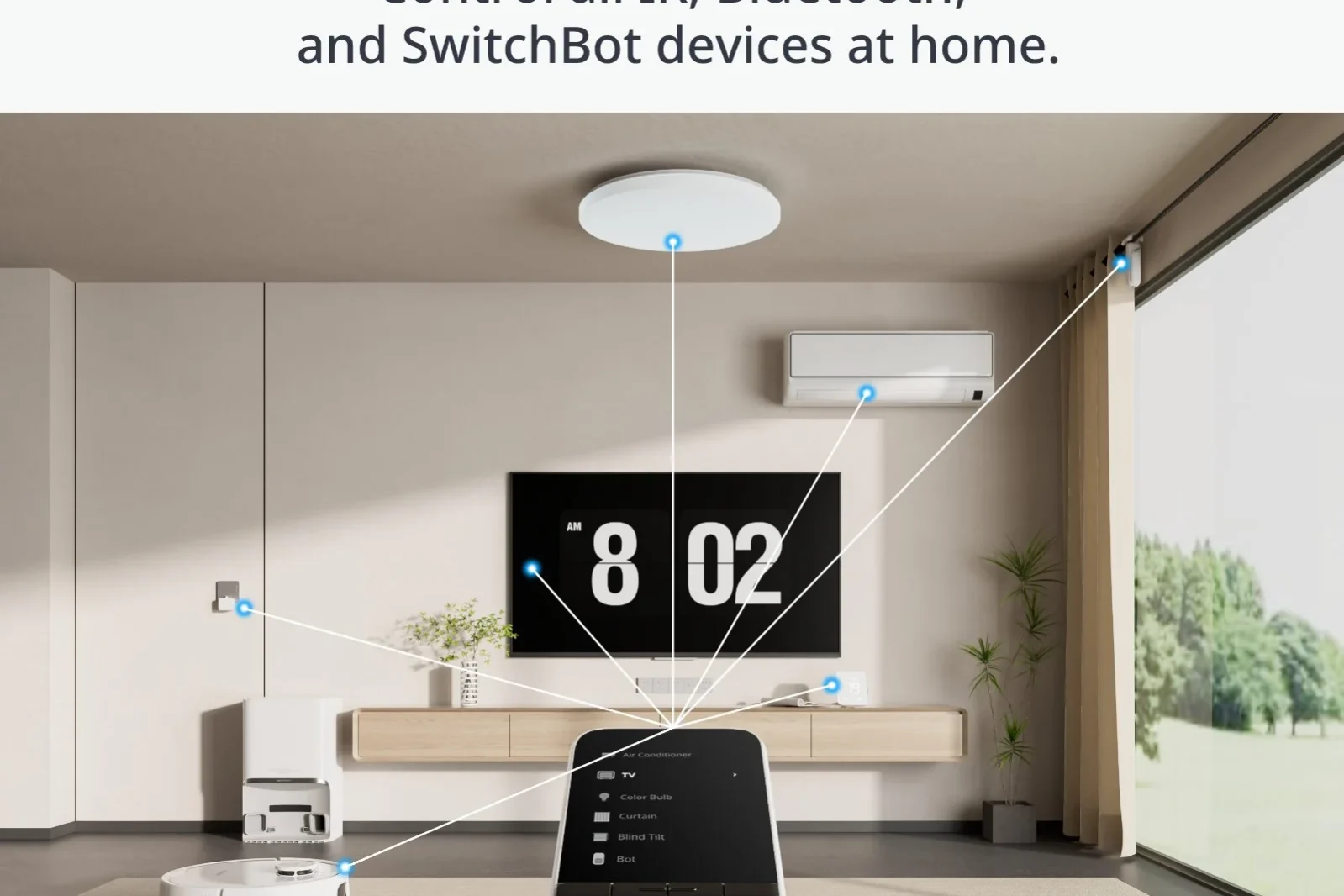 Mando universal SwitchBot controlando varios dispositivos del salón